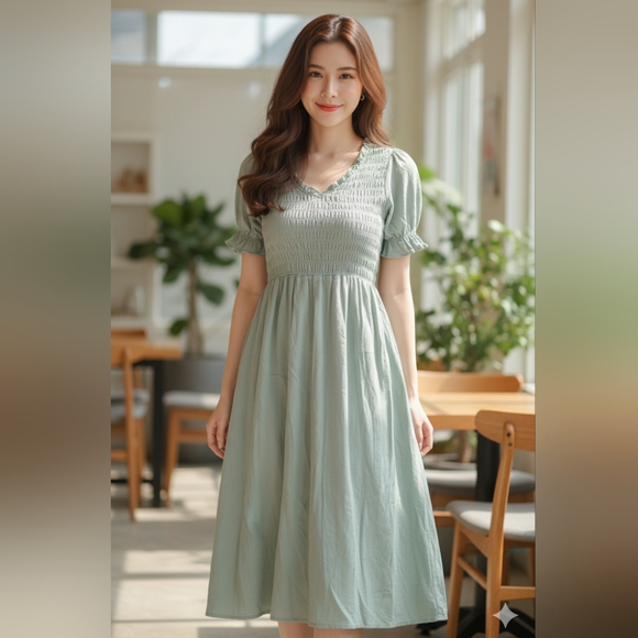 SHEIN Dresses & Skirts - SHEIN Women's Green Smocked Short Puffed Sleeve Midi Dress Size Small EUC